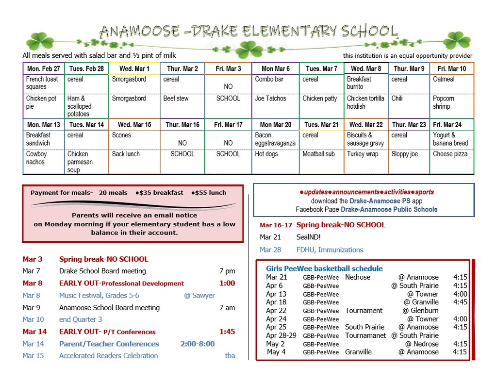 Elementary menu and newsletter March 2023