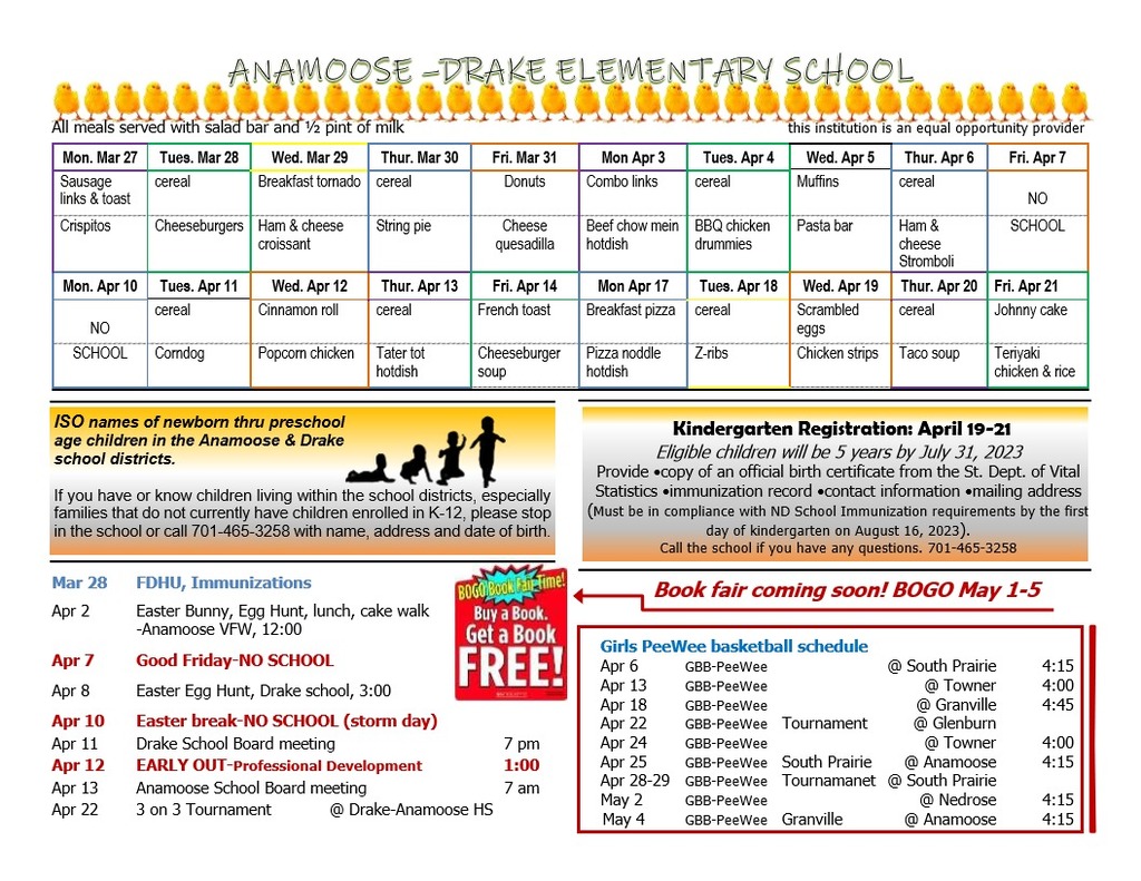 Here is the Anamoose-Drake Elementary menu and events for end of March through April 21.